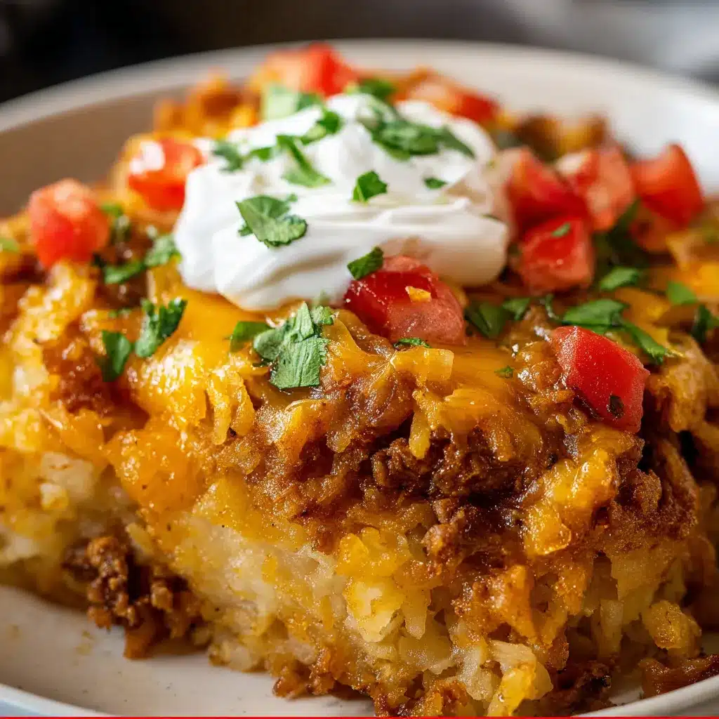 Crockpot Taco Hashbrown Casserole topped with melted cheddar and mozzarella, served with salsa and sour cream.
