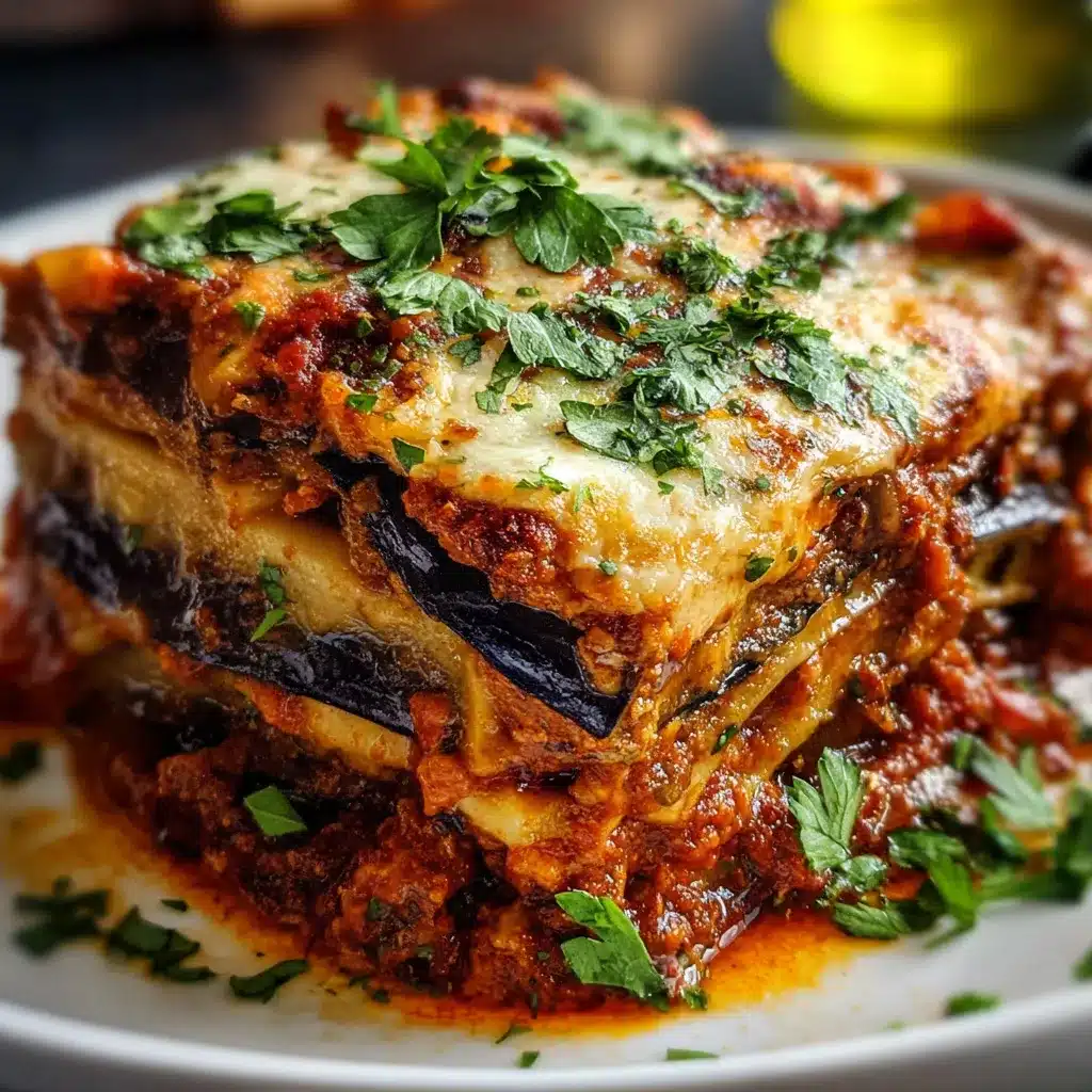 Baked eggplant lasagna topped with golden cheese and fresh basil in a white ceramic baking dish