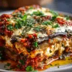 Baked eggplant lasagna topped with golden cheese and fresh basil in a white ceramic baking dish