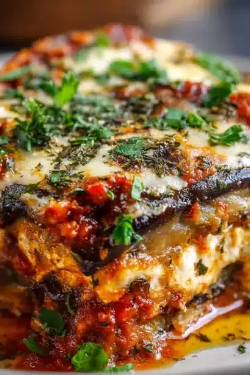 Baked eggplant lasagna topped with golden cheese and fresh basil in a white ceramic baking dish