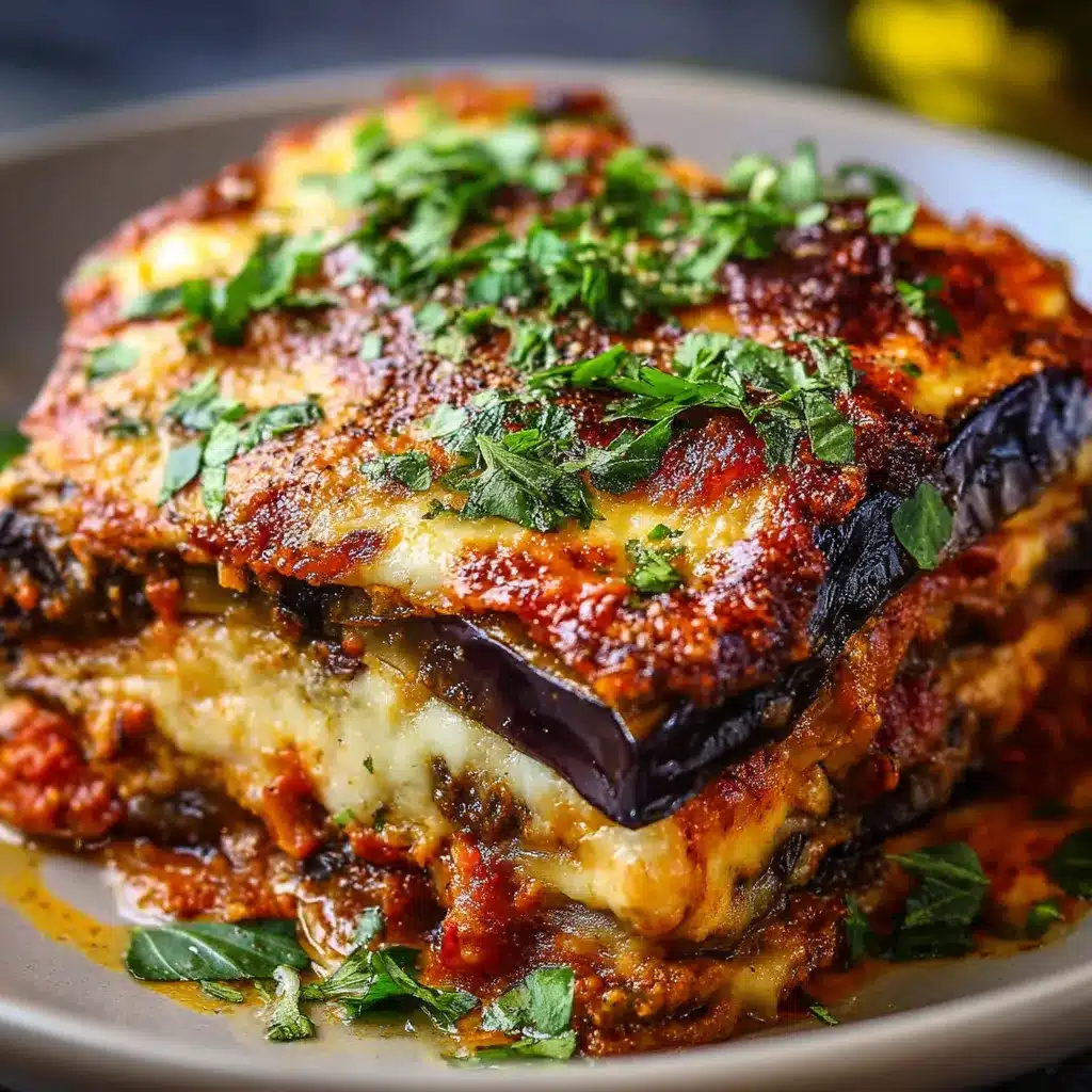 Baked eggplant lasagna topped with golden cheese and fresh basil in a white ceramic baking dish