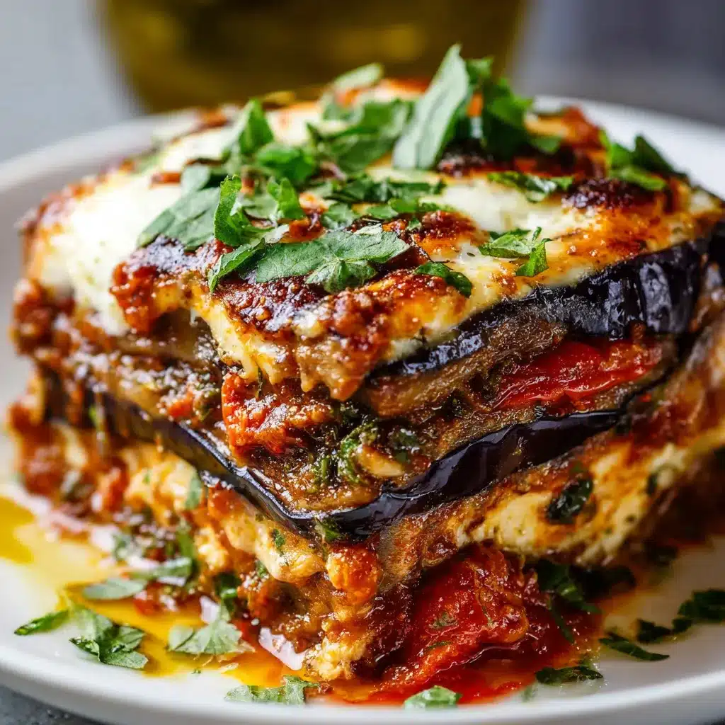 Baked eggplant lasagna topped with golden cheese and fresh basil in a white ceramic baking dish