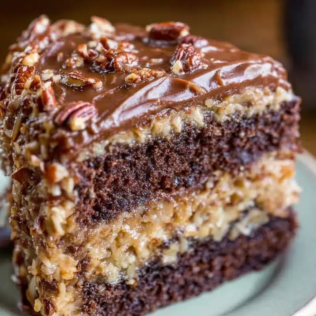Three-layer German chocolate cake covered with glossy coconut-pecan frosting, topped with extra toasted coconut and pecans.
