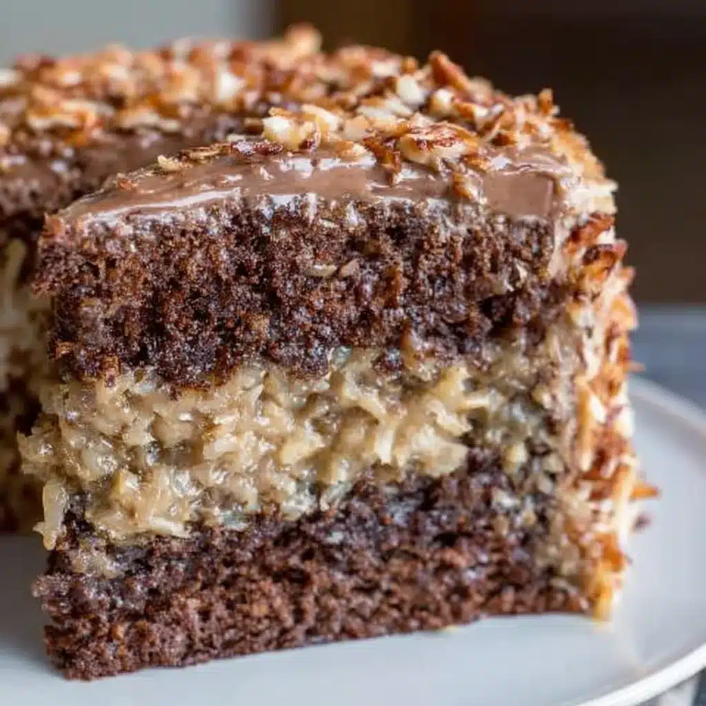 Three-layer German chocolate cake covered with glossy coconut-pecan frosting, topped with extra toasted coconut and pecans.