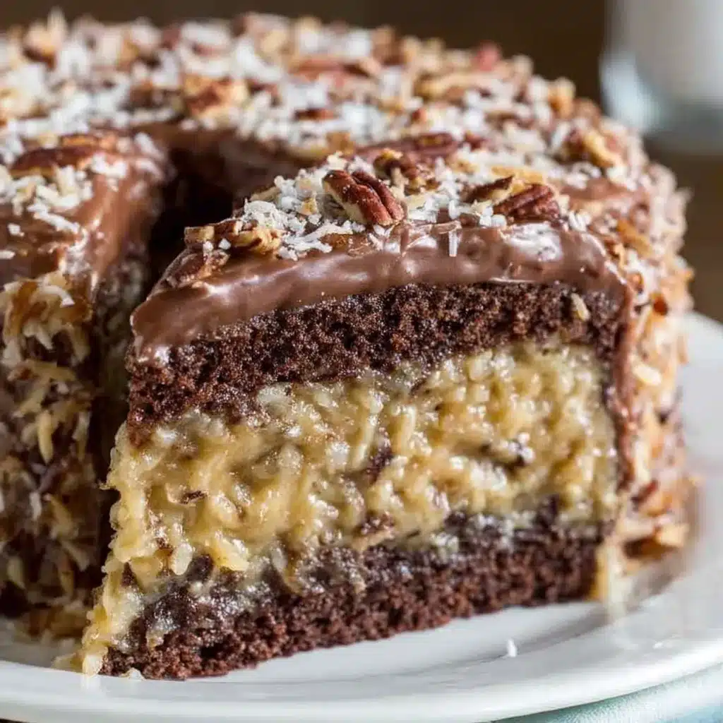 Three-layer German chocolate cake covered with glossy coconut-pecan frosting, topped with extra toasted coconut and pecans.