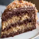 Three-layer German chocolate cake covered with glossy coconut-pecan frosting, topped with extra toasted coconut and pecans.