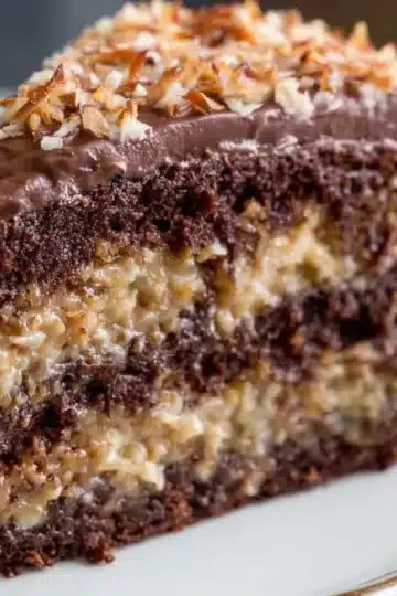 Three-layer German chocolate cake covered with glossy coconut-pecan frosting, topped with extra toasted coconut and pecans.