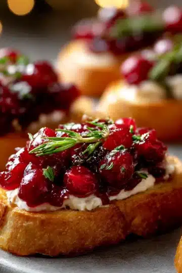 Crispy holiday cranberry crostini topped with creamy cheese, cranberry sauce, honey drizzle, and fresh rosemary.