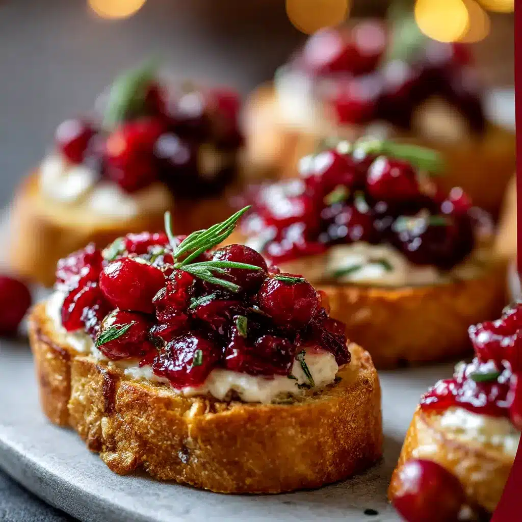 Crispy holiday cranberry crostini topped with creamy cheese, cranberry sauce, honey drizzle, and fresh rosemary.