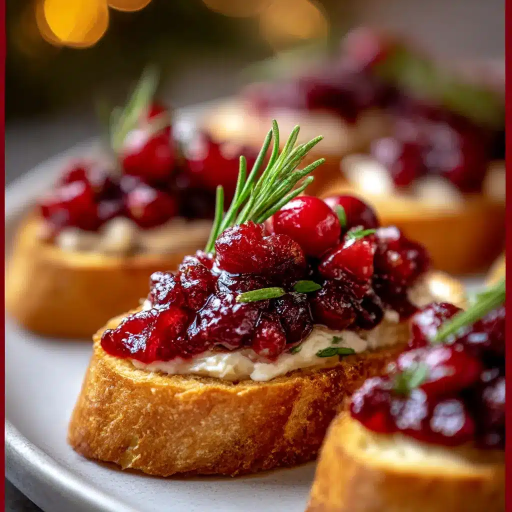 Crispy holiday cranberry crostini topped with creamy cheese, cranberry sauce, honey drizzle, and fresh rosemary.