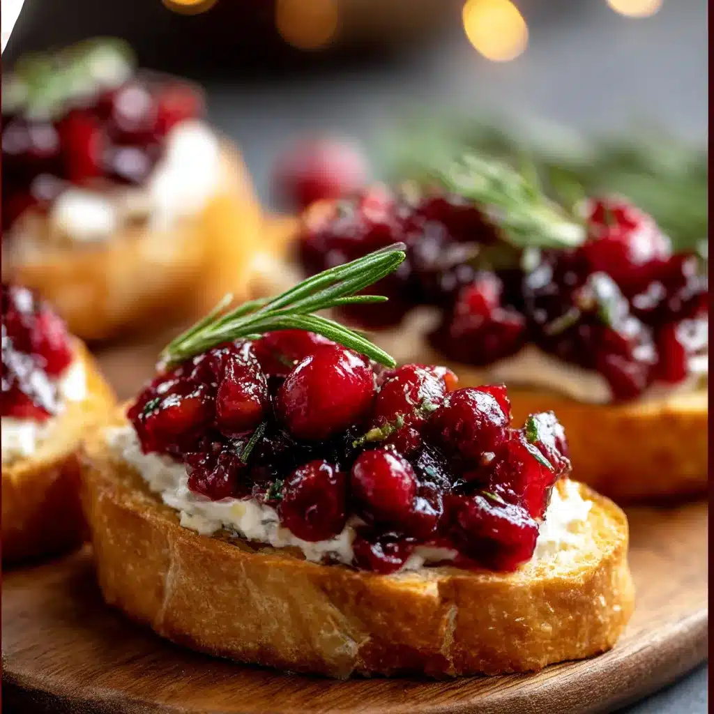 Crispy holiday cranberry crostini topped with creamy cheese, cranberry sauce, honey drizzle, and fresh rosemary.