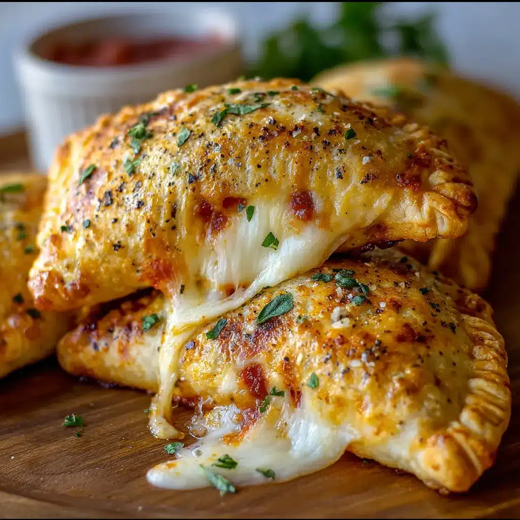 Freshly baked cheesy pizza pockets on parchment paper with marinara dipping sauce.