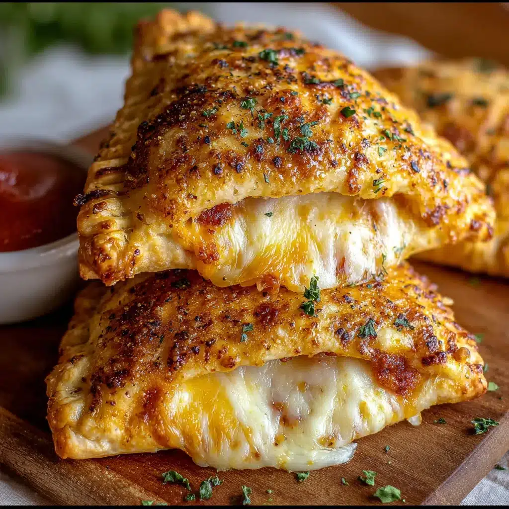 Freshly baked cheesy pizza pockets on parchment paper with marinara dipping sauce.