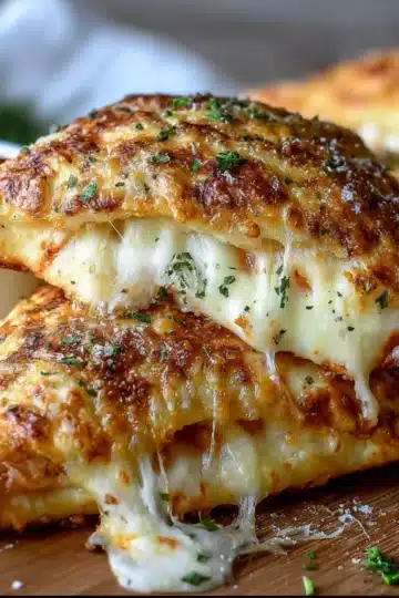 Freshly baked cheesy pizza pockets on parchment paper with marinara dipping sauce.