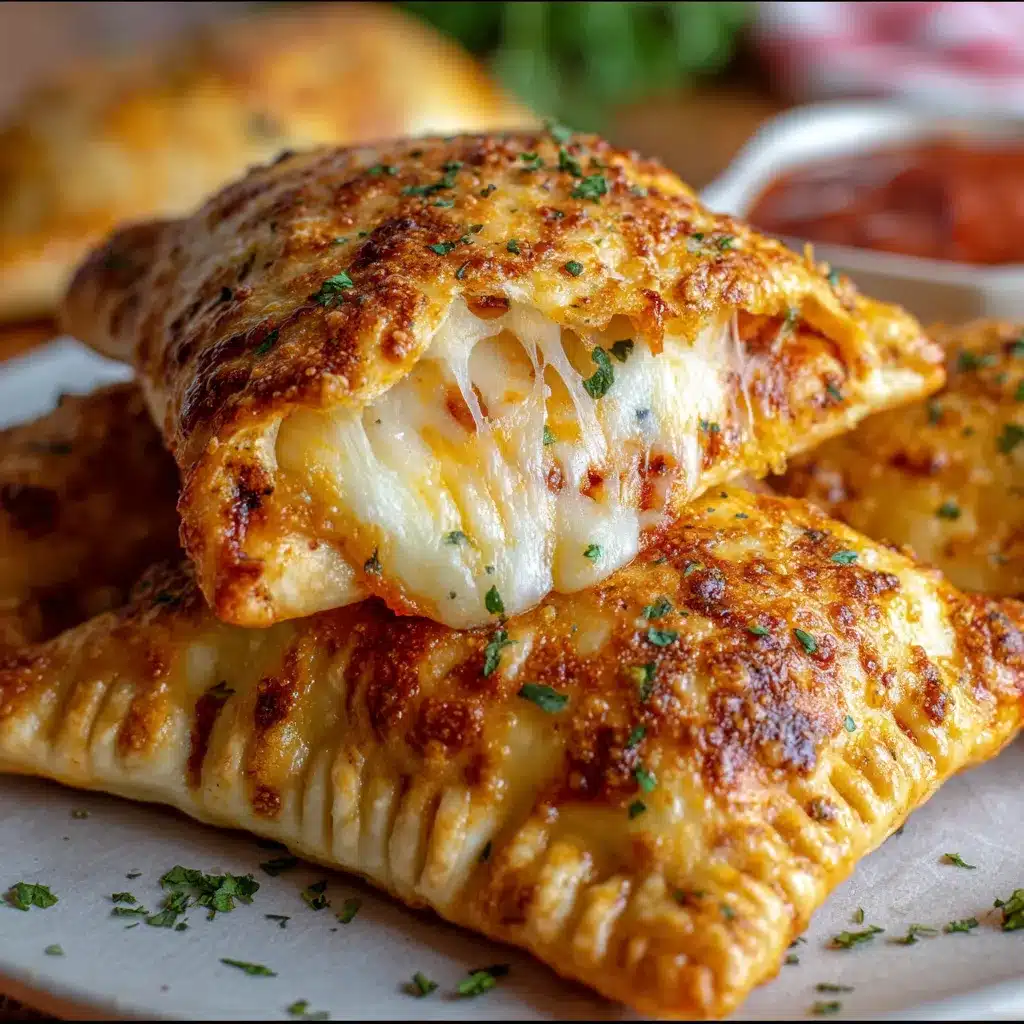 Freshly baked cheesy pizza pockets on parchment paper with marinara dipping sauce.