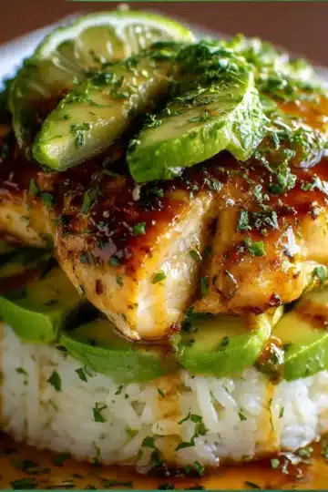 Honey lime chicken and avocado rice stack served on a plate, topped with lime wedges and fresh cilantro.