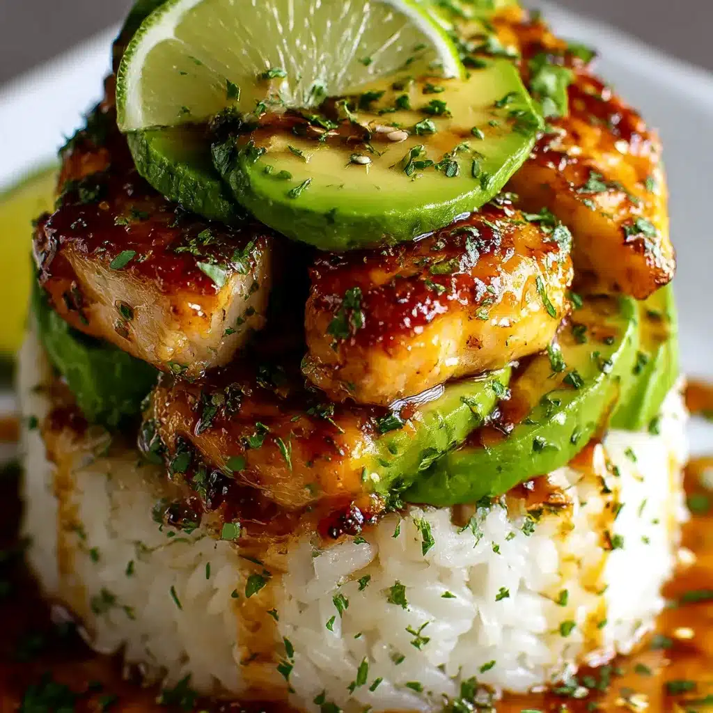 Honey lime chicken and avocado rice stack served on a plate, topped with lime wedges and fresh cilantro.