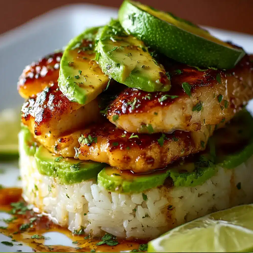 Honey lime chicken and avocado rice stack served on a plate, topped with lime wedges and fresh cilantro.