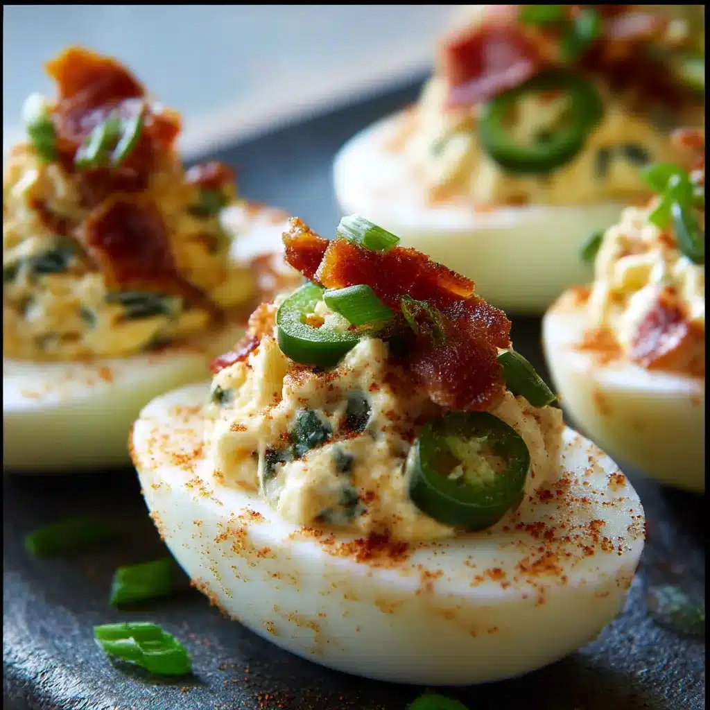 Creamy Jalapeño Popper Deviled Eggs topped with bacon and cilantro on a white platter.