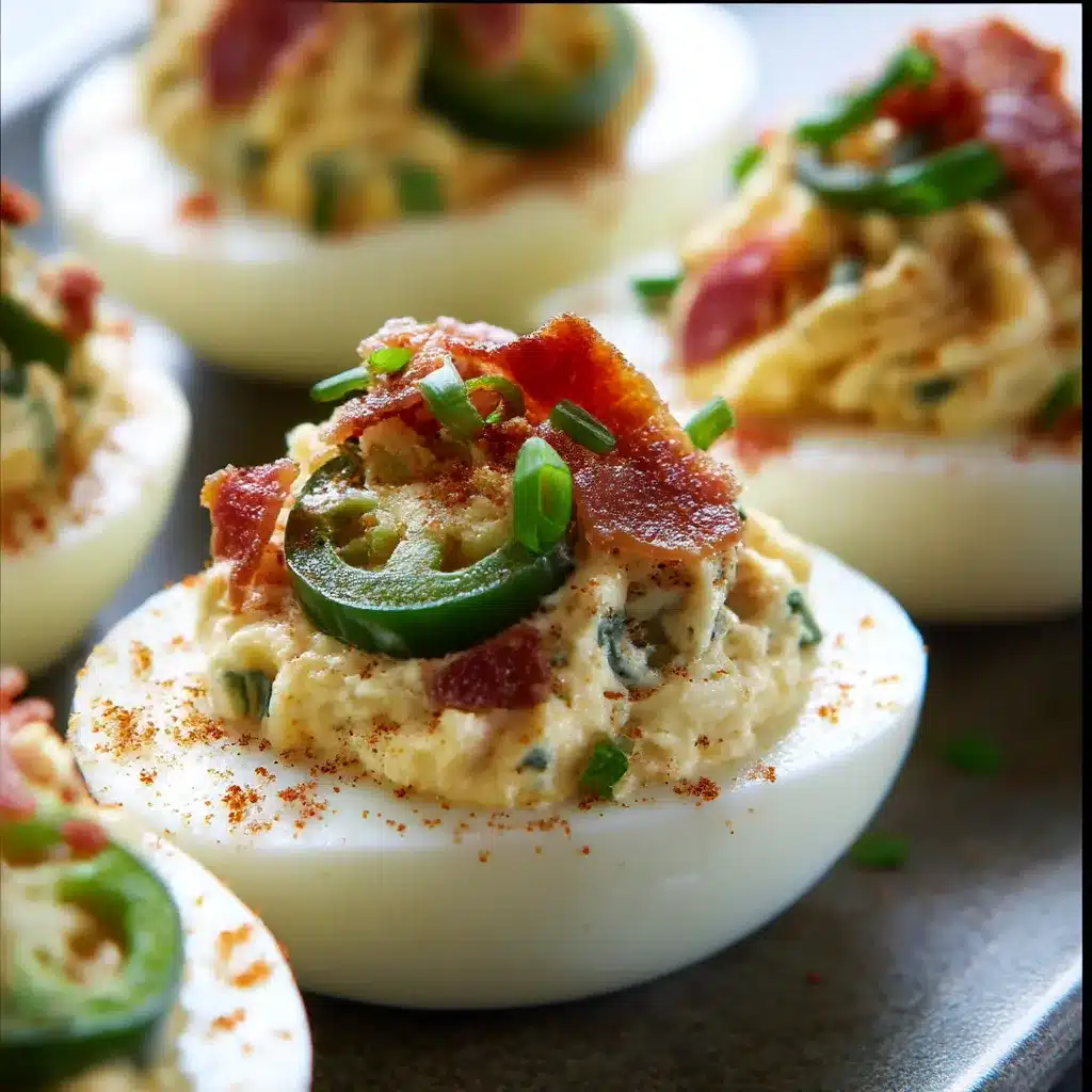 Creamy Jalapeño Popper Deviled Eggs topped with bacon and cilantro on a white platter.