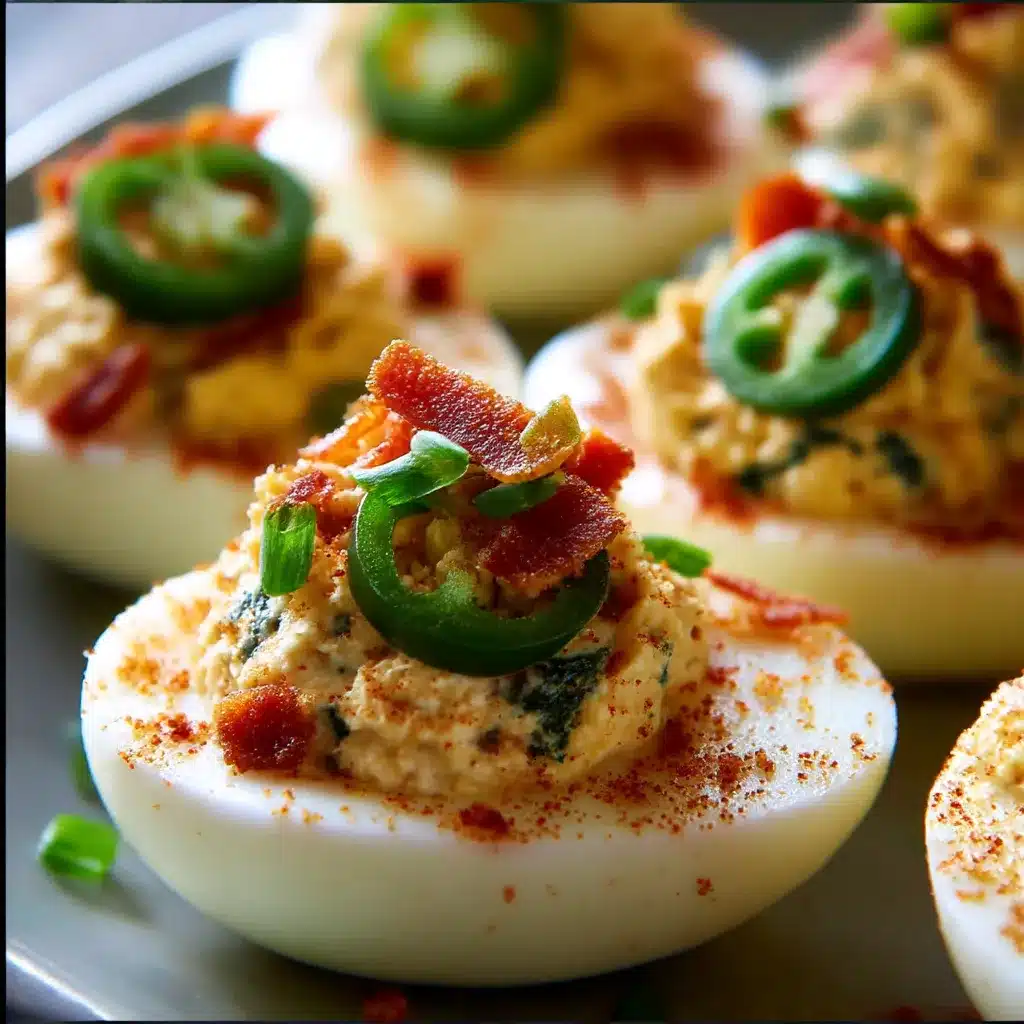 Creamy Jalapeño Popper Deviled Eggs topped with bacon and cilantro on a white platter.