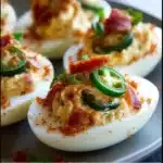 Creamy Jalapeño Popper Deviled Eggs topped with bacon and cilantro on a white platter.