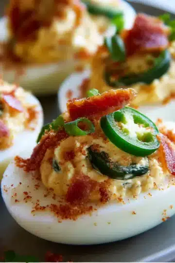 Creamy Jalapeño Popper Deviled Eggs topped with bacon and cilantro on a white platter.