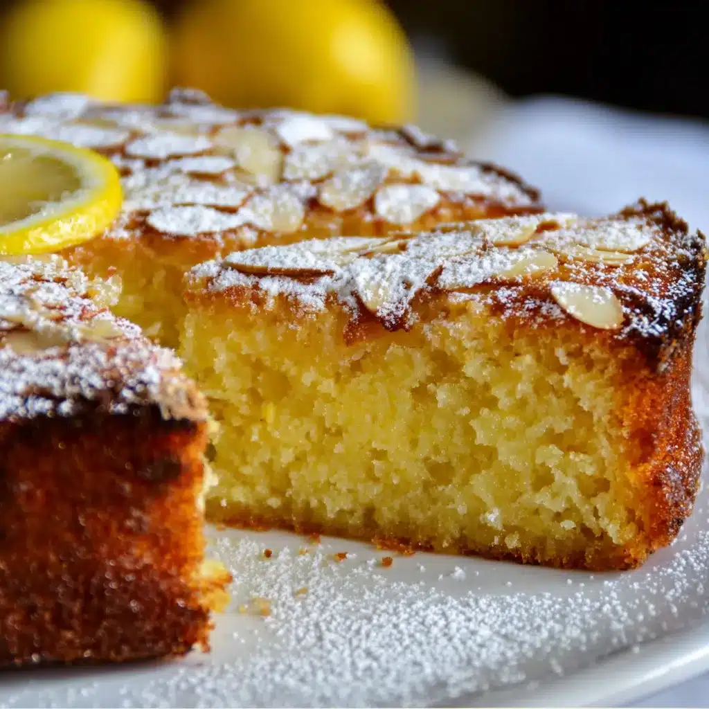 Moist lemon almond cake with glossy lemon glaze, garnished with zest and served on a ceramic plate.