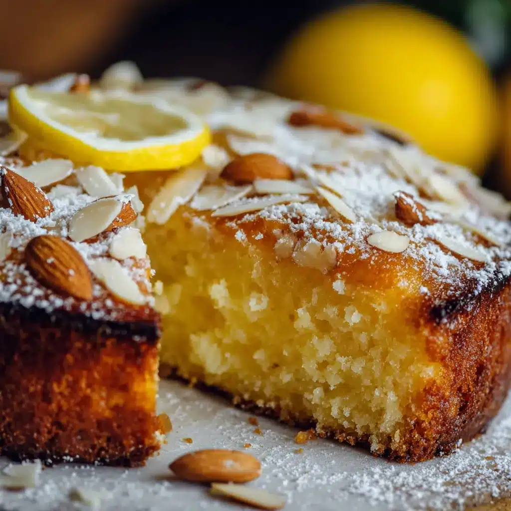 Moist lemon almond cake with glossy lemon glaze, garnished with zest and served on a ceramic plate.