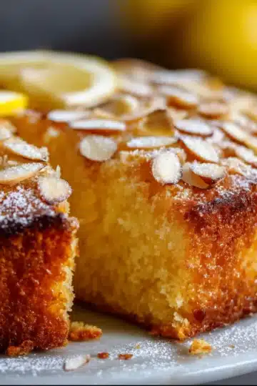 Moist lemon almond cake with glossy lemon glaze, garnished with zest and served on a ceramic plate.