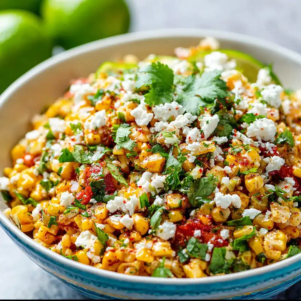 A bowl of creamy Mexican Corn Salad garnished with cotija cheese, cilantro, and lime wedges.