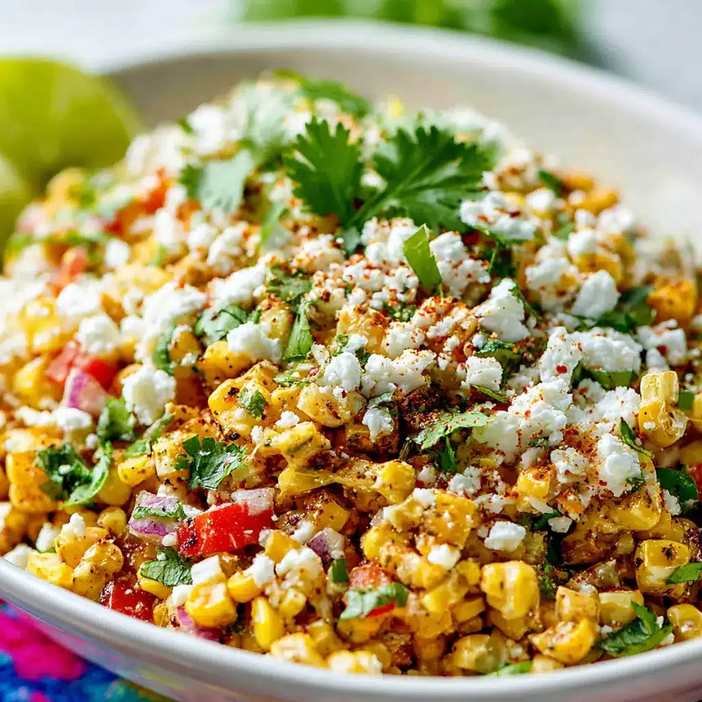 A bowl of creamy Mexican Corn Salad garnished with cotija cheese, cilantro, and lime wedges.
