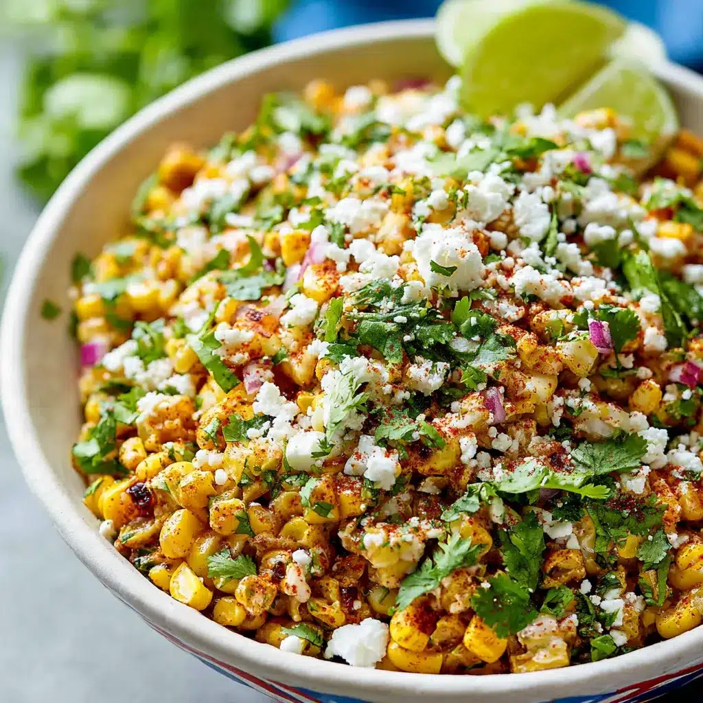 A bowl of creamy Mexican Corn Salad garnished with cotija cheese, cilantro, and lime wedges.