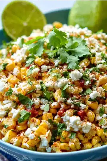 A bowl of creamy Mexican Corn Salad garnished with cotija cheese, cilantro, and lime wedges.