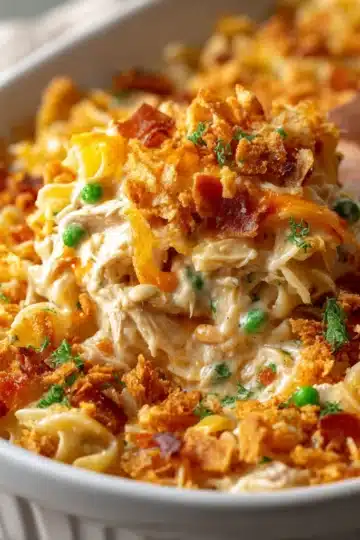 Million Dollar Chicken Casserole topped with Ritz crackers, baked until golden and bubbling in a casserole dish.