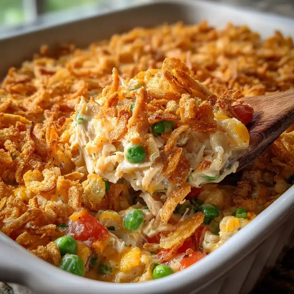 Million Dollar Chicken Casserole topped with Ritz crackers, baked until golden and bubbling in a casserole dish.