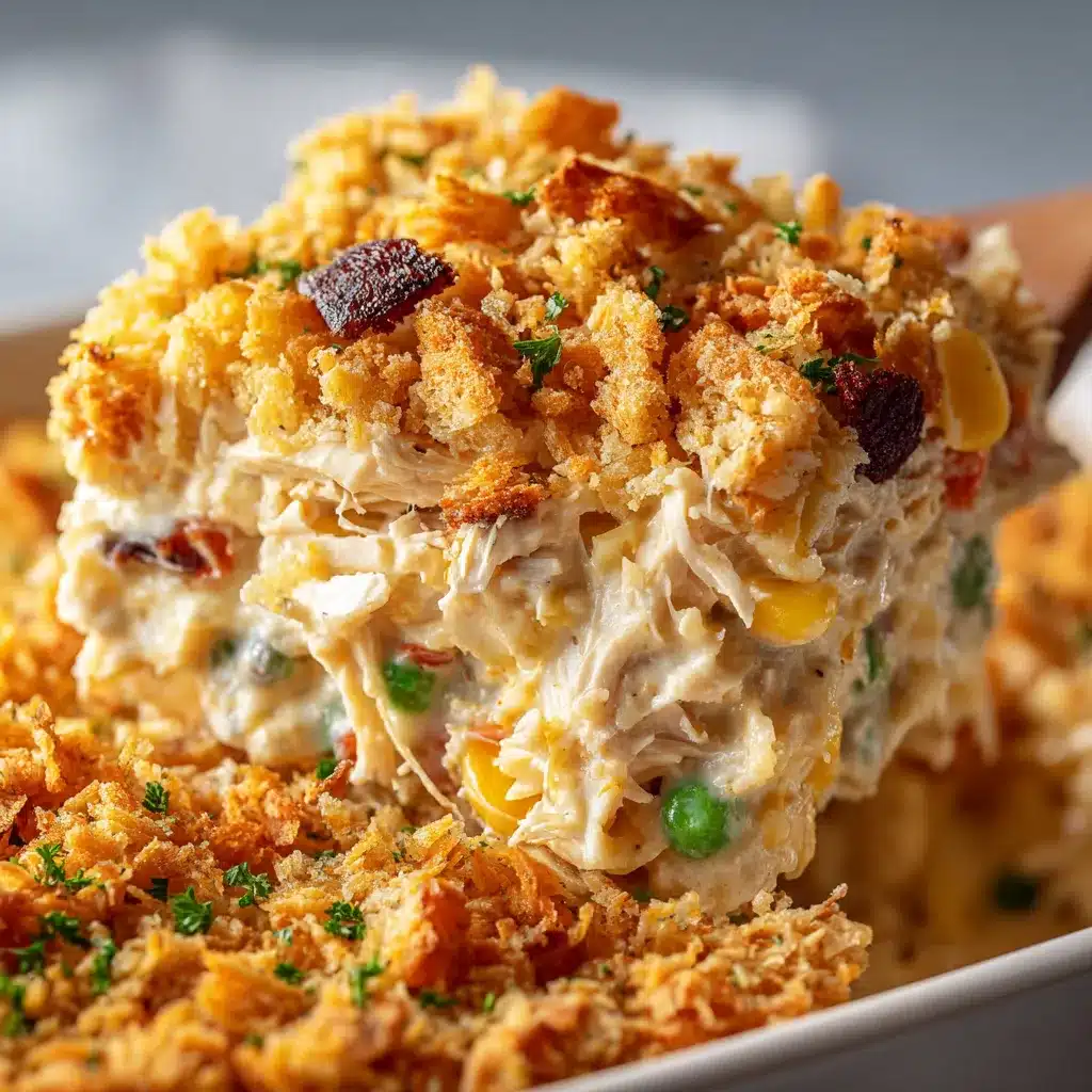 Million Dollar Chicken Casserole topped with Ritz crackers, baked until golden and bubbling in a casserole dish.