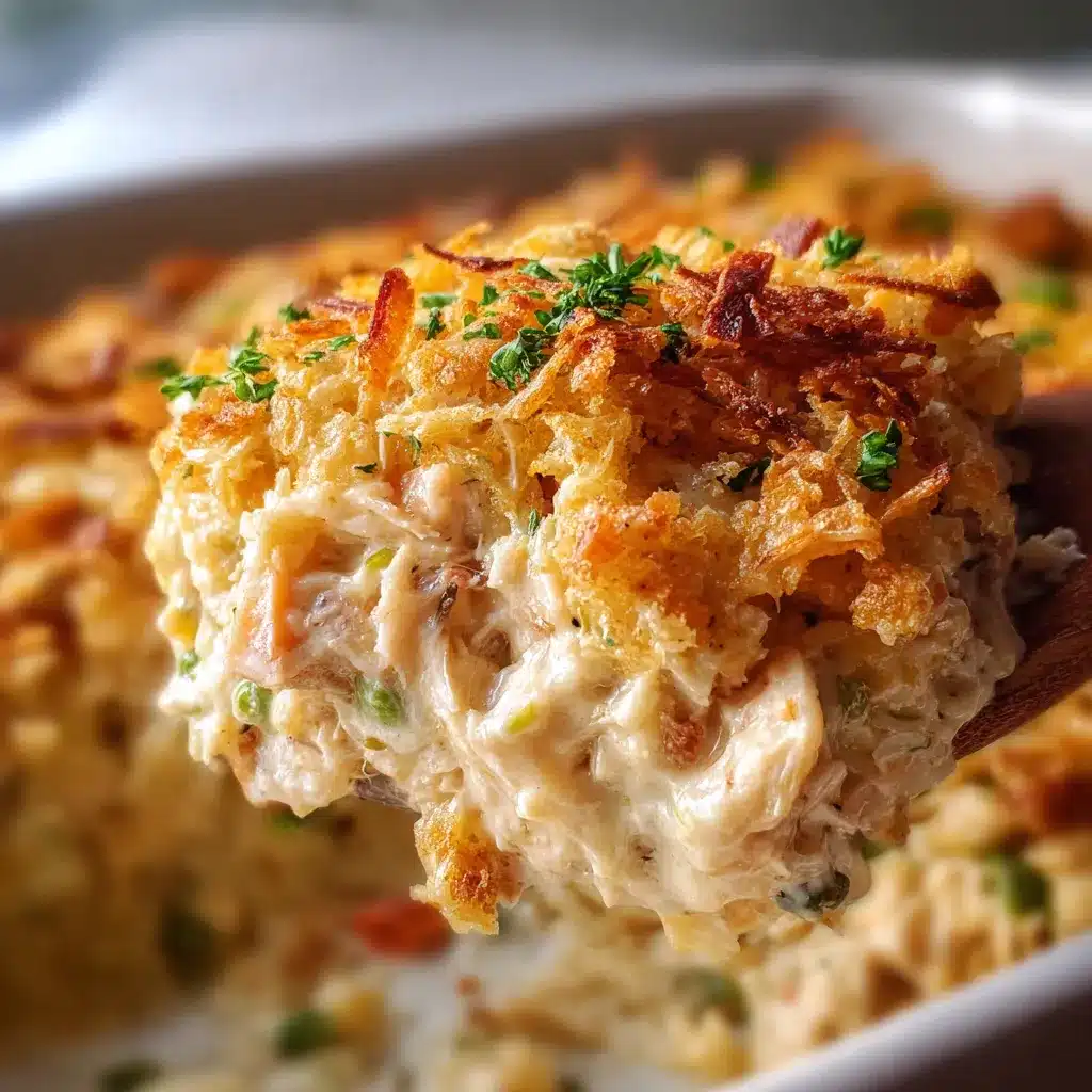 Million Dollar Chicken Casserole topped with Ritz crackers, baked until golden and bubbling in a casserole dish.