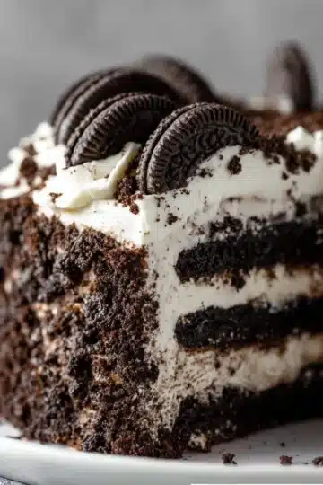 Slice of creamy No-Bake Oreo Cake topped with mini Oreos on a white plate.