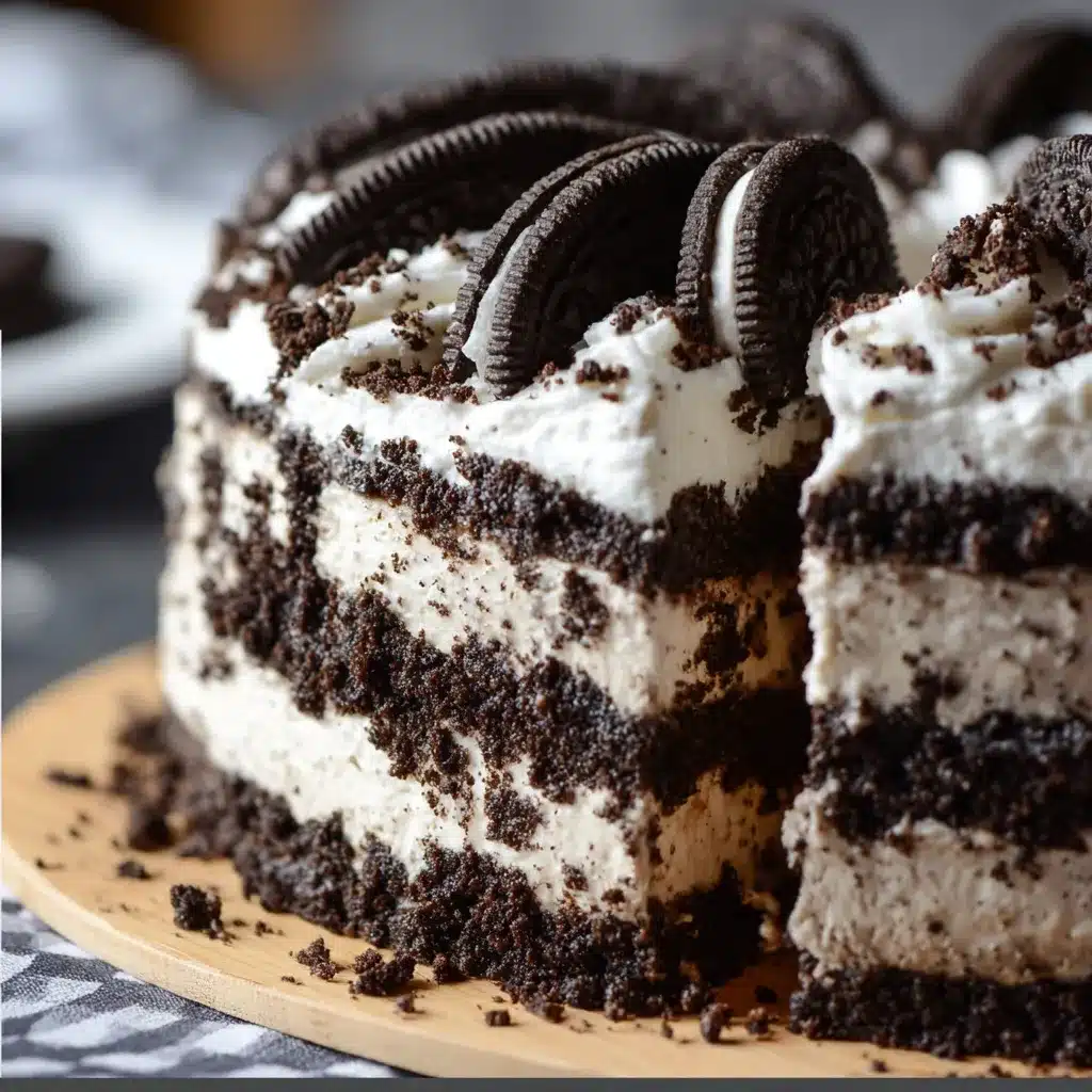 Slice of creamy No-Bake Oreo Cake topped with mini Oreos on a white plate.