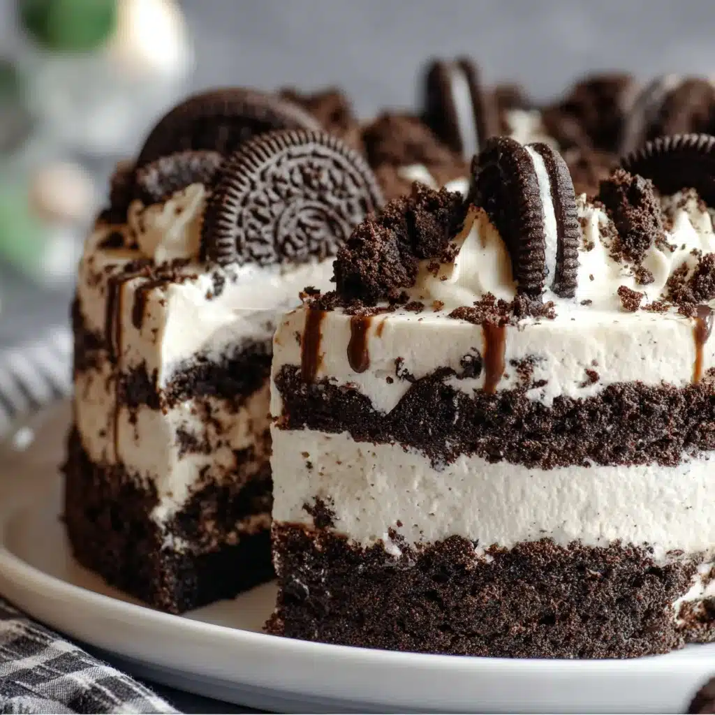 Slice of creamy No-Bake Oreo Cake topped with mini Oreos on a white plate.