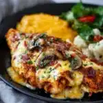 Golden-baked chicken topped with melted cheese, crispy bacon, and honey mustard sauce – Outback Steakhouse Alice Springs Chicken on a white plate.