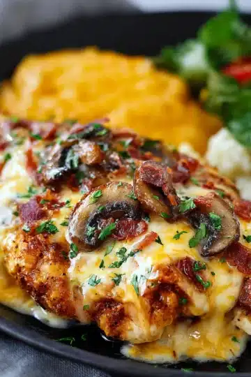 Golden-baked chicken topped with melted cheese, crispy bacon, and honey mustard sauce – Outback Steakhouse Alice Springs Chicken on a white plate.