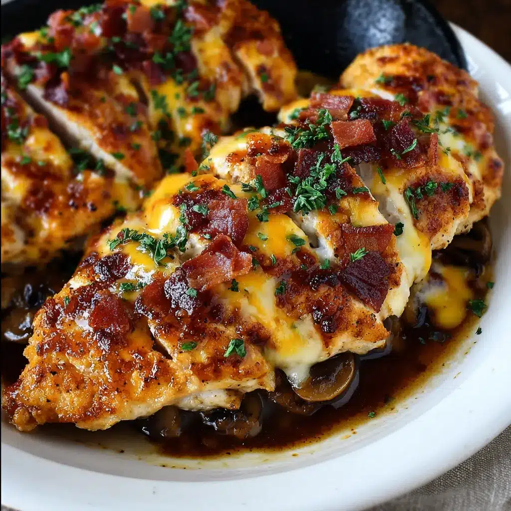 Golden-baked chicken topped with melted cheese, crispy bacon, and honey mustard sauce – Outback Steakhouse Alice Springs Chicken on a white plate.