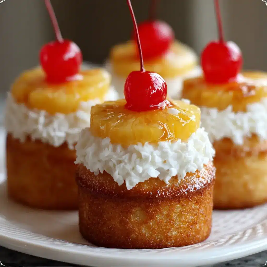 Golden pineapple upside down cupcakes topped with cherries on a wire rack.