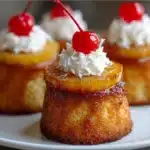 Golden pineapple upside down cupcakes topped with cherries on a wire rack.