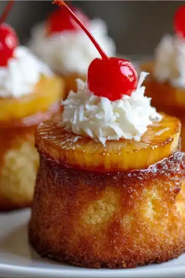Golden pineapple upside down cupcakes topped with cherries on a wire rack.