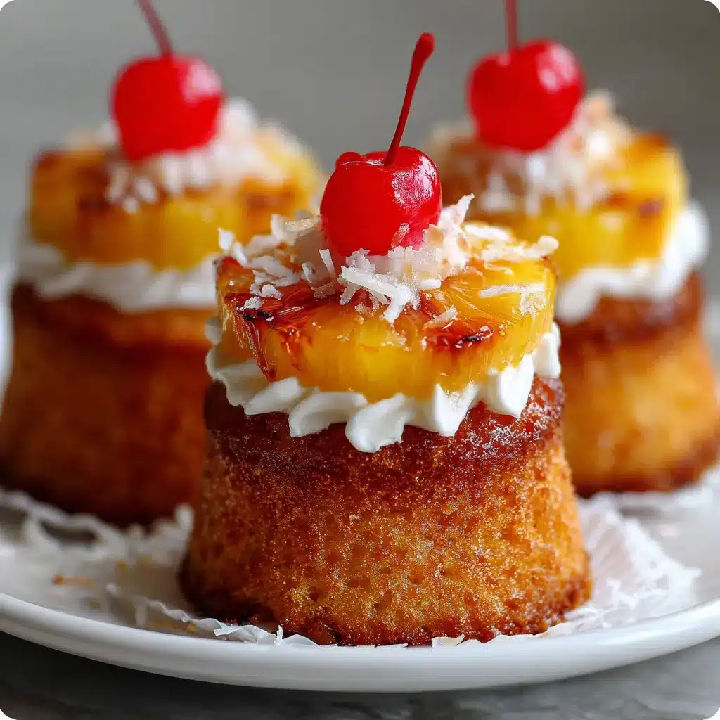 Golden pineapple upside down cupcakes topped with cherries on a wire rack.