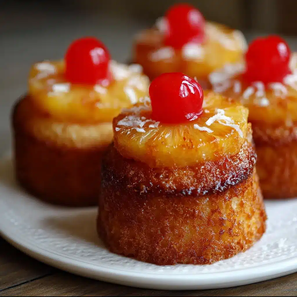 Golden pineapple upside down cupcakes topped with cherries on a wire rack.