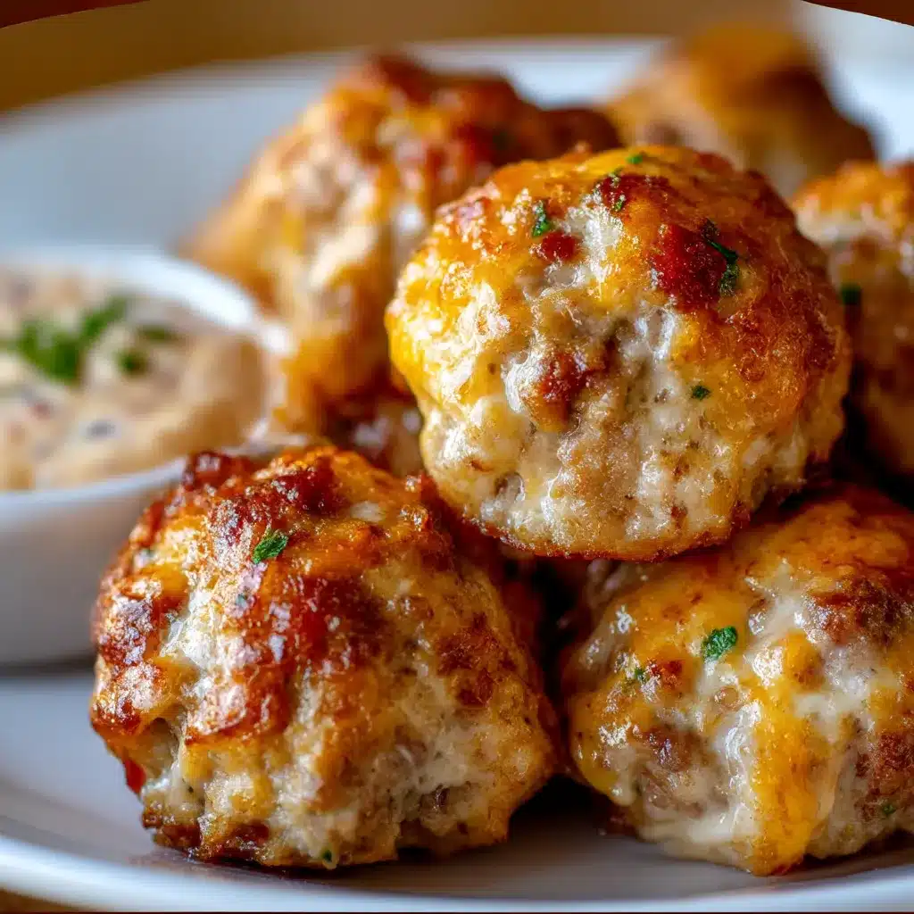 Golden Rotel cream cheese sausage balls fresh out of the oven on a parchment-lined tray.